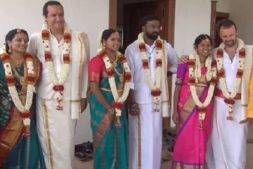 ஒரே வீட்டில் மூன்று தமிழ் பெண்களை திருமணம் செய்த பிரான்ஸ் நாட்டு மணமக்கள்