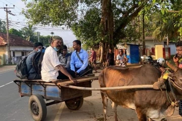 யாழில் மாட்டு வண்டில்களில் பாடசாலை செல்லும்  ஆசிரியர்கள்!