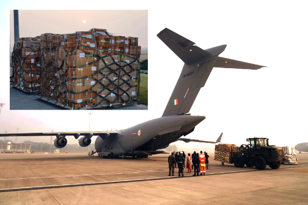 humanitarian assistance to Palestine people, Second Indian Air Force MCC C17 aircraft, El-Arish Airport in Egypt, 32 tonnes of aid, பாலஸ்தீன மக்களுக்கு மீண்டும் இந்தியா உதவிக்கரம்: 32 டன் பொருட்களுடன் எகிப்து புறப்பட்ட விமானப்படை விமானம்