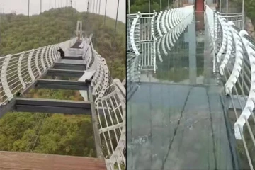 காற்றில் சேதமடைந்த கண்ணாடி பாலம்... 330 அடி உயரத்தில் நடுங்கியபடி தொங்கிய சுற்றுலாப்பயணி: ஒரு திகில் காட்சி