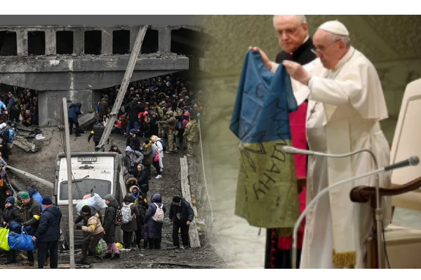 ரத்தம் கறை படிந்த உக்ரைன் நாட்டு தேசிய கொடியை மேடையில் உயர்த்திக் காட்டிய போப் பிரான்சிஸ் - ரஷ்யாவிற்கு கண்டனம் | Ukraine Russia War Pope Francis Condemnation