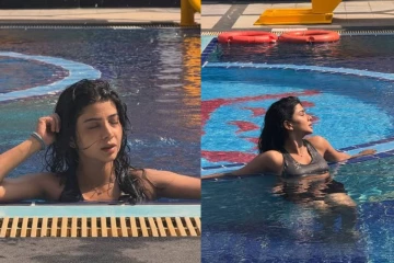 அடிக்கும் வெயிலுக்கு நீச்சல் குளத்திலேயே தங்கிவிட்ட நடிகை பவித்ரா லட்சுமி