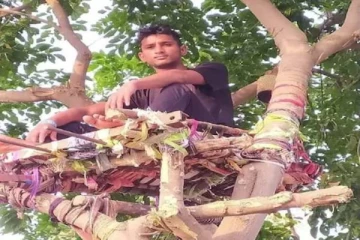 வீட்டில் இடம் இல்லாததால்.. மரத்தில் ஏறி குடியிருக்கும் கொரோனா இளைஞர்!