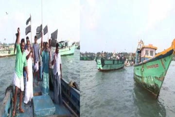 ராமேஸ்வரத்தில் படகுகளில் கறுப்பு கொடி கட்டி கடற்தொழிலாளர்கள் போராட்டம்