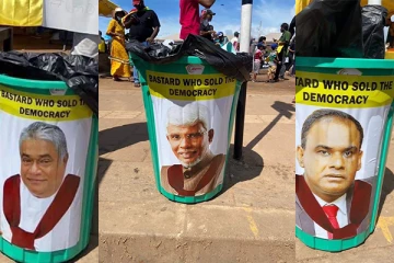 நாடாளுமன்ற உறுப்பினர்களின் புகைப்படங்கள் குப்பைத்தொட்டிகளில்: போராட்டக்காரர்கள் ஆவேசம்