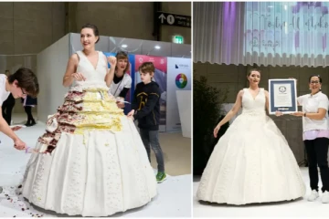திருமண ஆடை வடிவிலான பிரமாண்ட கேக்…கின்னஸ் சாதனை படைத்த சுவிட்சர்லாந்து பெண்
