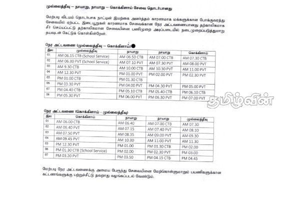 தற்காலிகமாக மாற்றம் செய்யப்பட்ட முல்லைத்தீவு போக்குவரத்து சேவைக்கான நேர அட்டவணை! | Details Provided By Government Mullaitivu Kokkilai தற்காலிகமாக மாற்றம் செய்யப்பட்ட முல்லைத்தீவு போக்குவரத்து சேவைக்கான நேர அட்டவணை! | Details Provided By Government Mullaitivu Kokkilai