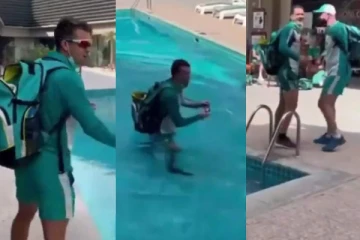 நீச்சல் குளத்தில் தவறி விழுந்த அவுஸ்திரேலிய கிரிக்கெட் வீரர்! அடக்க முடியாமல் சிரித்த சக வீரர்கள்..