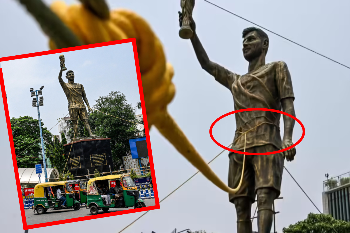 உலக காற்பந்து நட்சத்திரம் மெஸ்ஸிக்கு அவலம் ; கயிற்றால் கட்டி வைத்த அதிகாரிகள் | Lionel Messi Statue Swings In The Wind Kolkata உலக காற்பந்து நட்சத்திரம் மெஸ்ஸிக்கு அவலம் ; கயிற்றால் கட்டி வைத்த அதிகாரிகள் | Lionel Messi Statue Swings In The Wind Kolkata