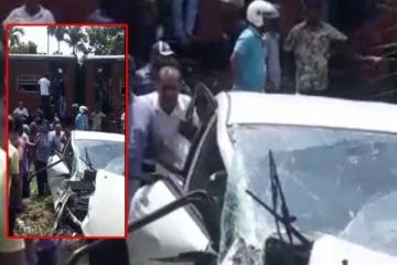 සීඝ්‍රගාමී දුම්රියක මෝටර් රථයක් ගැටීමෙන් සිදුවූ අනතුර..(VIDEO)