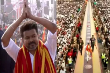 தொண்டர்கள் வீசிய கட்சி கொடியை அன்போடு தோளில் போட்டுக்கொண்ட விஜய்