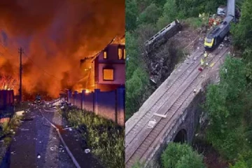 பாலம் இடிந்து விழுந்ததில் கவிழ்ந்த ரயில் - 7 பேர் பலி