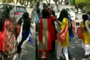 நடுரோட்டில் தலை முடியை பிடித்து சண்டை போட்ட கல்லுாரி மாணவிகள்!