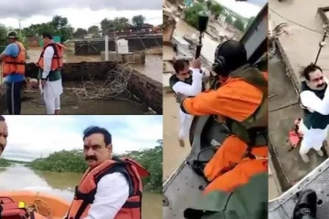 வெள்ளத்தில் சிக்கிய அமைச்சர்!! ஹெலிகாப்டர் மூலம் மீட்ட ராணுவ வீரர்கள்!