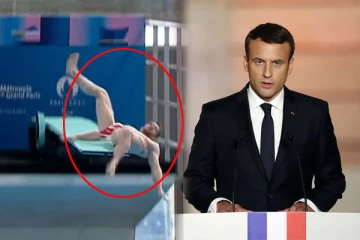 பிரான்ஸ் ஜனாதிபதிமுன் நீச்சல் வீரருக்கு ஏற்பட்ட தர்மசங்கடமான நிலைமை