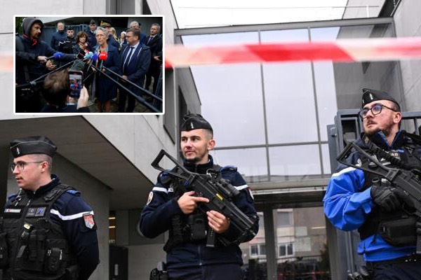 French gendarmes guard at high school Robert Schuman in Benfeld,