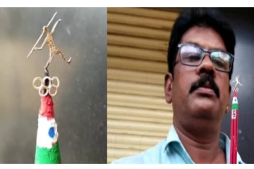 100 மில்லி கிராம் தங்கத்தில் தங்க மகன் நீரஜ் சோப்ராவின் சிற்பம்