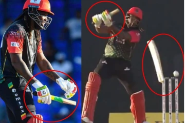 சிக்ஸர் அடிக்க நினைத்த கெயில் பேட்டை இரண்டாக உடைத்து மிரட்டிய பவுலர்! வைரலாகும் வீடியோ