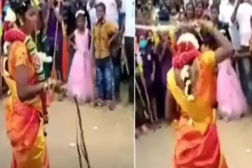 மாலையும், கழுத்துமாக மணக்கோலத்தில் சிலம்பம் சுற்றிய வீரமங்கை - வைரல் வீடியோ!