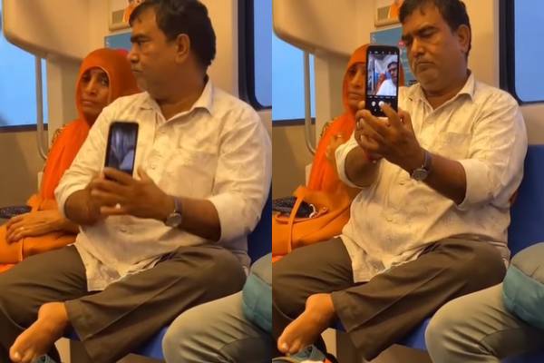 மனைவியுடன் செல்ஃபி எடுக்க பரிதவித்த கணவர் - இணையத்தில் வைரலாகும் வீடியோ | Husband Selfie Metro Train Wife Viral Video