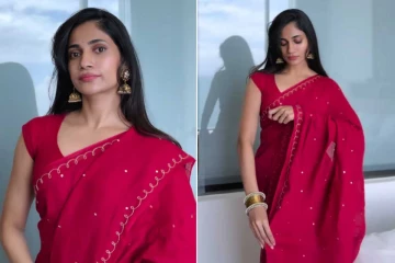 சிகப்பு நிற சேஎலையில் ரீல்ஸ் வீடியோ வெளியிட்ட லாஸ்லியா..