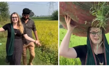 காதல் கணவனுக்காக மூட்டை சுமக்கும் வெளிநாட்டு பெண்: வைரல் வீடியோ