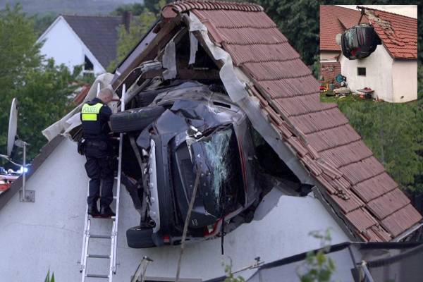 car crashes in germany into roof