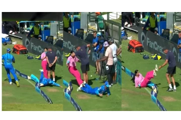 பாகிஸ்தான் தொகுப்பாளினி மீது மோதி கீழே விழ வைத்த கிரிக்கெட் வீரர்... - வைரலாகும் வீடியோ...!