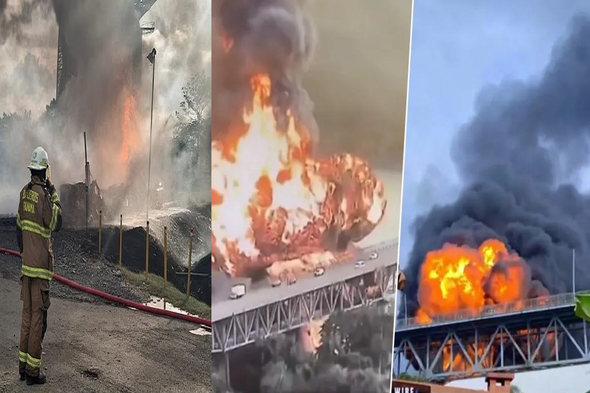 பனாமா கால்வாய் பாலம் அருகில் தீ ; வெடித்துச் சிதறிய எரிபொருள் தொட்டிகள் | Fire Panama Canal Bridge Fuel Tanks Explode