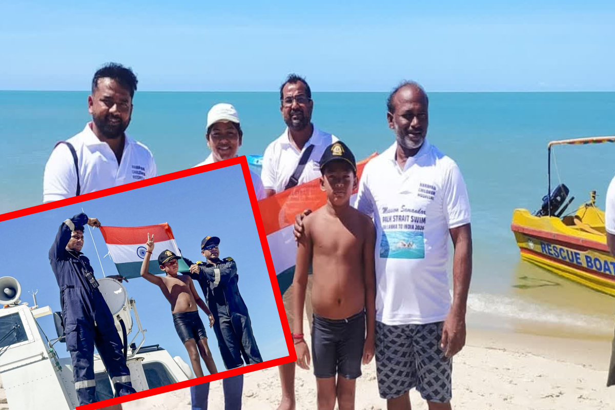 பாக்கு நீரிணையை நீந்திக் கடந்த 7 வயது சிறுவன்; உலக சாதனை | 7 Year Old Boy Swims Palk Strait World Record