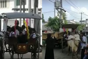 இலங்கையில் ஏற்பட்டுள்ள மாற்றம்! மாட்டு வண்டில்களில் பாடசாலை செல்லும் மாணவர்கள்