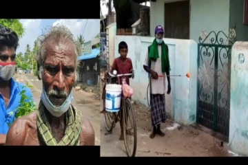 கொரோனா விழிப்புணர்வு பாடல்களைப் பாடி வீடு வீடாக கிருமி நாசினி தெளித்து வரும் முதியவர்!