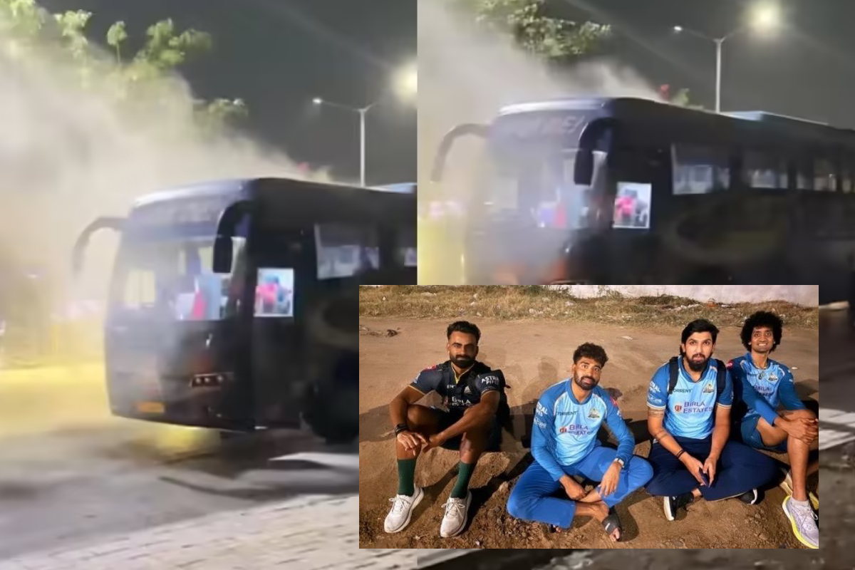 குஜராத் டைட்டன்ஸ் அணி சென்ற பேருந்தில் தீ - வீதியில் தவித்த வீரர்கள் | Ipl Team Bus Fire Gujarat Titans Escape Accident