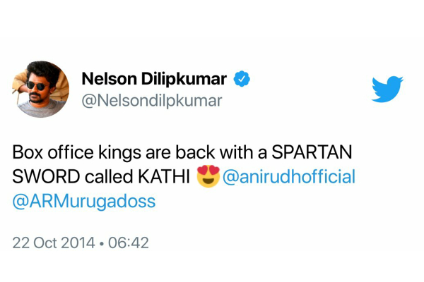 8 வருடங்களுக்கு முன்பே தளபதி விஜய் படம் குறித்து பதிவிட்ட பீஸ்ட் இயக்குனர் நெல்சன் ! | Nelson Tweet Vijay Kathi