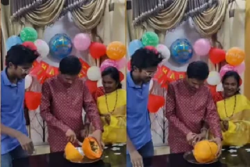பிறந்த நாளினை பப்பாளி வெட்டி கொண்டாடிய விசித்திர நபர்...வைரலாகும் வீடியோ காட்சி