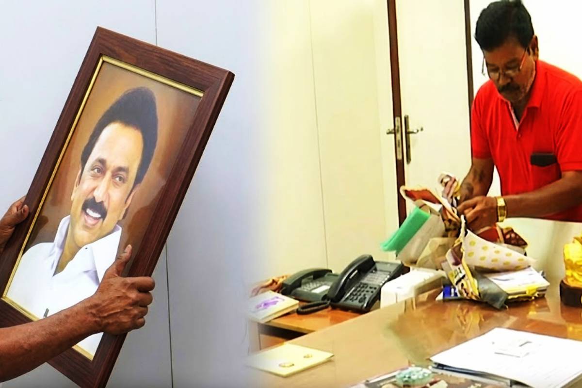 அகற்றப்பட்ட கருணாநிதி- மு.க.ஸ்டாலின் -உதயநிதி புகைப்படங்கள்! புதிய அரசுக்கான அதிரடி ஏற்பாடுகள் | Dmk Ministers Vacate Rooms As Vijay Wins Tn