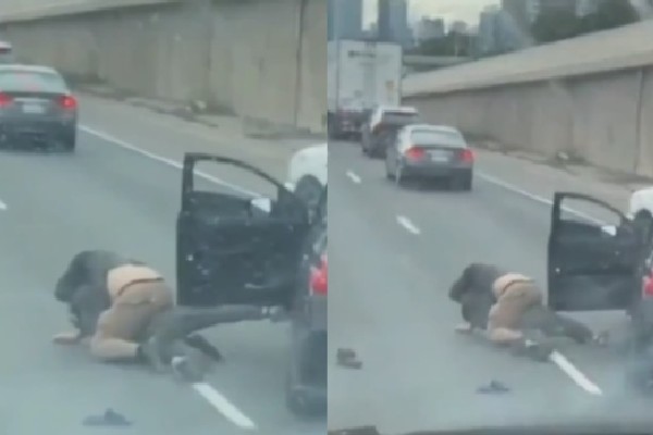 கனடாவில் நெடுஞ்சாலையில் கட்டி புரண்டு மோதிக்கொண்ட இருவர்! | 2 Men Fight On Highway 401 In Road Rage Incident